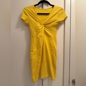 Yellow Twist-Front Rib Knit Mini Dress
